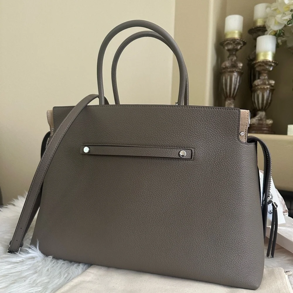 Tory Burch Mercer Large Pebbled Leather Satchel Bag Elegant Tan